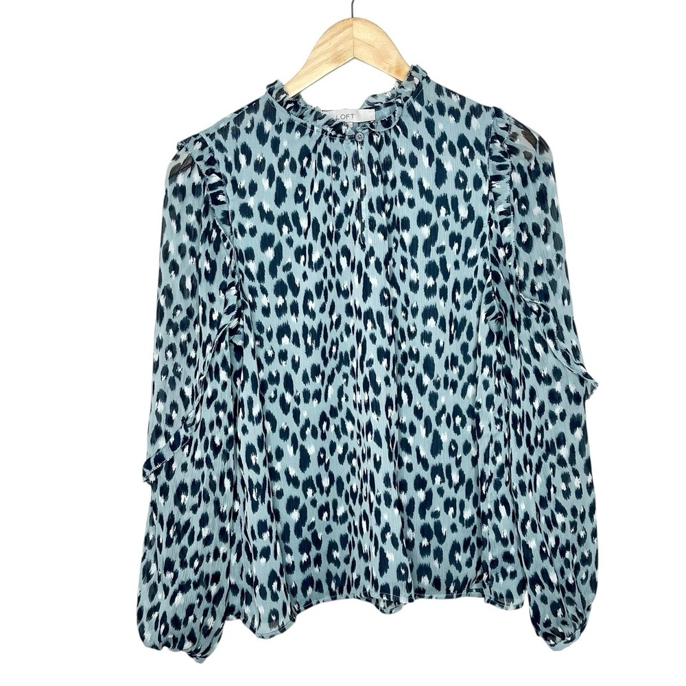 Loft Leopard Print Blouse Top Blue Womens M Animal Office Siren